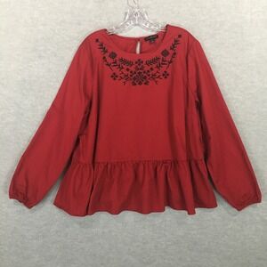 Lane Bryant 22 Red Peplum Blouse Black‎ Embroidery Scandinavian Long Sleeve EUC